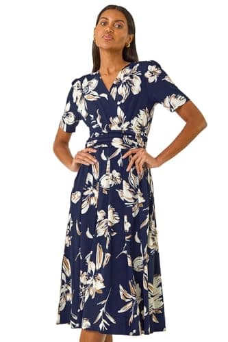 Image of Roman Fit and Flare Dress for Women Ladies Chest Twist Knot Ruched Tea Skater Empire Waist Wedding Guest Smart Casual Swing Midi 3/4 Long Sleeve Knee Length - Navy Floral - Size 14