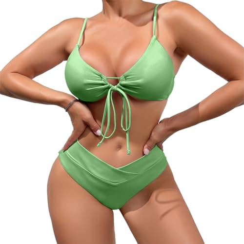 Image of meioro Bikini Set for Women Front Tie Triangle Bathing Suits, Solid V Neck Two Piece Swimsuits High Waisted V Cut Bottom, Adjustable Spaghetti Straps Swimwear Sexy High Cut Swimming Costume (Green,M)
