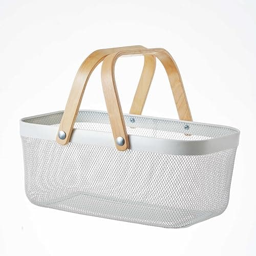 Image of Eden & Willow Mesh Wire Metal Storage Basket with Wooden Handle - Versatile Organiser for Kitchen, Bathroom, Office - Stackable & Durable (White, Large)
