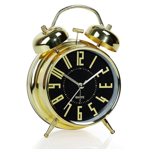 Image of AYRELY® Loud Twin Bell Alarm Clock for Heavy Sleepers, 4-Inch Retro Desk Clock with Gold Frame, Silent Analogue Movement & Night Light, Ideal for Bedside or Bedroom