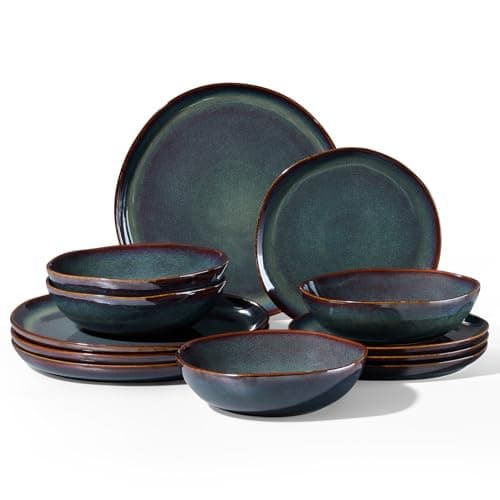 Image of Homikit 12-Piece Dinner Set, Reactive Glaze Stoneware Dinnerware for 4 People, Irregular Shape Plates and Bowls, Non-Toxic & Scratch Resistant, Microwave and Dishwasher Safe - Blackish Green