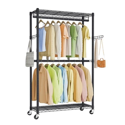 Image of SONGMICS Rolling Portable Wardrobe, Heavy-Duty Metal Clothes Rack on Wheels, with Adjustable Shelves and Hanging Rails, Hooks, 40 x 90 x 199 cm, Ink Black LGR416BH01