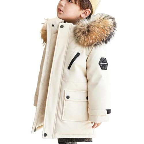 Image of duxyoz Beige Kids Parka Coat - Padded,Hooded,Thicken,Heavyweight,Windproof,Warm,Faux Fur Hood,Long Sleeve Casual Thermal Quilted Overcoat Snow Jackets 11-12 Years