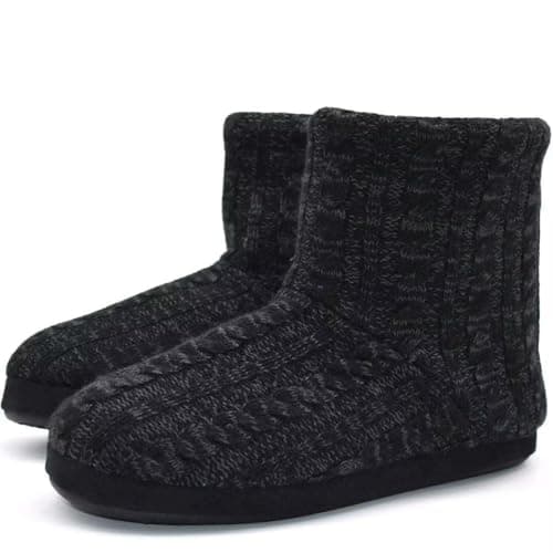 Image of KuaiLu Knit Wool Warm Men Indoor Pull On Cosy Memory Foam Slipper Boots/Booties TPR Rubber Sole Non-Slip,Dark Black,9 UK (10 US)