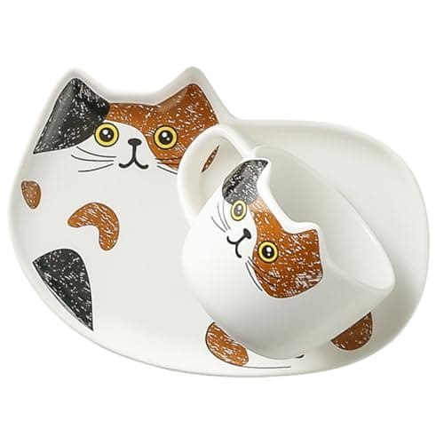 Image of LALADEFIEE Cute Cat Design Ceramic Coffee Cup and Saucer Set 200ml, Stylish and Modern Mug for Office Or Hotel Use, for Holding Coffee Or Tea