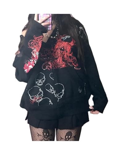 Image of Lxootd Womens Trendy Vintage Y2K Hooded Sweatshirt Skull Print Gothic Graphic Zip Up Pullover with Pockets Coquette Clothes (Black 1, L)
