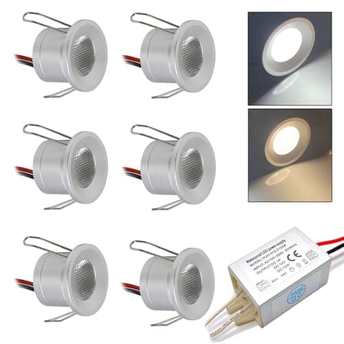 Image of kpslucerna Mini LED Downlights 2W 6pcs DC 12V, IP65 Water Resistant Small Recessed Spotlight, 25mm Round Plinth Spot Light Cabinet Showcases Displays Hallway Kitchen Staircase Bath Niche (Warm White)