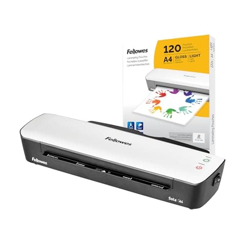 Image of Fellowes Sola A4 Laminator Machine for Home Use - Auto Shut Off Feature - 80-125 Micron - Amazon Exclusive + Fellowes A4 Laminating Pouches, Glossy Finish, 120 Sheets - Ideal for Notices and Photos