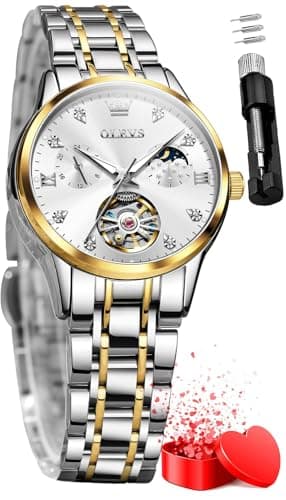 Image of OLEVS Automatic Women's Wrist Watches Luxury Diamond Tourbillon Moon Phase Two Tone Stainless Steel Mechanical Watch for Women Waterproof Luminous Dress Silver Gold Blue Ladies Watches