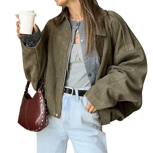 Image of LLECDASEUI Women's Faux Suede Bomber Jacket Zipper Pilot Coat Casual Lapel Oversized Long Sleeves Y2K Outerwear Coats (XS,Army Green)