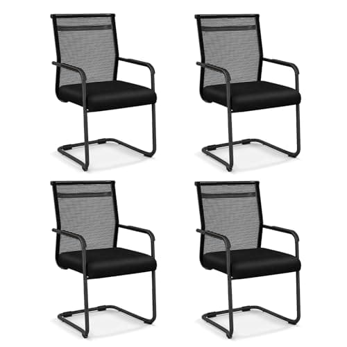 Image of COSTWAY Set of 2/4 Stackable Reception Chairs, Mid Back Mesh Guest Chairs with Sled Base, Conference Armchairs Executive Computer Desk Chair for Home Office (4 PCS, Black)
