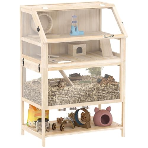 Image of PawHut Wooden Hamster Cage, 3 Tier Small Animal Cage with Detachable Lower Floor, Storage Shelf, Hut, Seesaw, Exercise Wheel, Ramps, Hamster Habitat for Dwarf, Gerbil, 80L x 53W x 117H cm, Natural