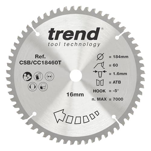 Image of Trend Wood Cordless Mitre Saw Blade, 184mm Diameter, 16mm Bore, 60 Teeth, 1.6mm Kerf, -5° Hook, TCT, Extra-Fine Finish, CSB/CC18460T