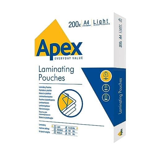 Image of Fellowes Apex A4 Laminating Pouches, Glossy Finish, 200 Sheets - Light Duty Value Pack - Ideal for Notices, and Photos