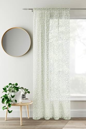 Image of Maple Textiles Linen Look Textured Trailing Willow Leaf Voile Curtain Panel Slot Top Heading on a White Background (Sage Green, 72" (183cm) Drop)