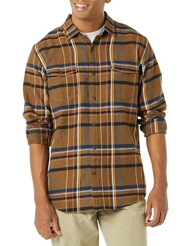 Image of Amazon Essentials Men's Regular-Fit Long-Sleeve Two-Pocket Flannel Shirt, Tobacco Brown Plaid, M