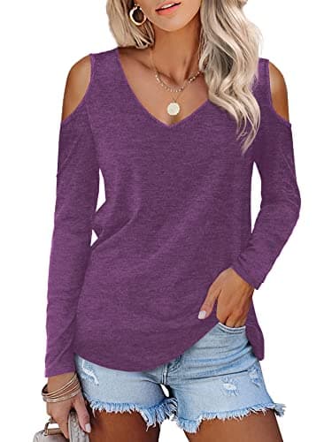 Image of Beluring Women Spring Long Sleeved Tunic Shirts V Neck Cold Shoulder Tops Purple Size 16 18