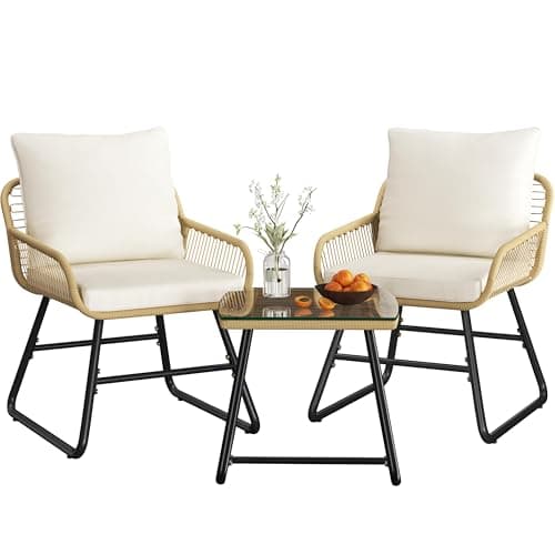 Image of Yaheetech 3 Pieces Bistro Set, Outdoor PE Wicker Chairs with Washable Cushions and Tempered Glass Table, Patio Conversation Set for Backyard, Poolside, Balcony, Porch, Tan/Cream