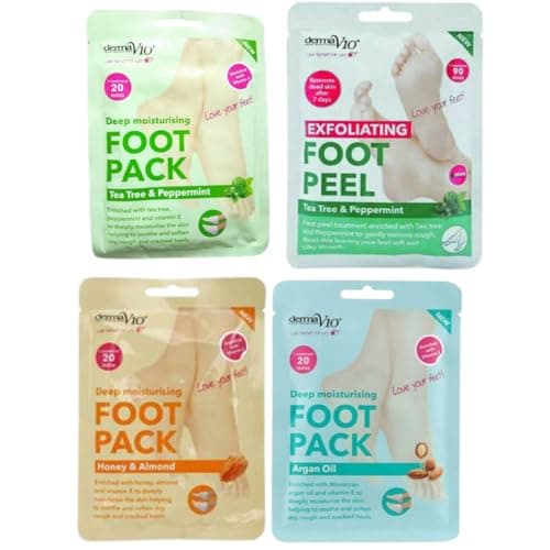 Image of 4 X Derma V10 Foot Exfoliating Peel, Argan Oil Moisturising Foot Pack, Honey Almond Foot Pack, Tea Tree & Peppermint Foot Pack