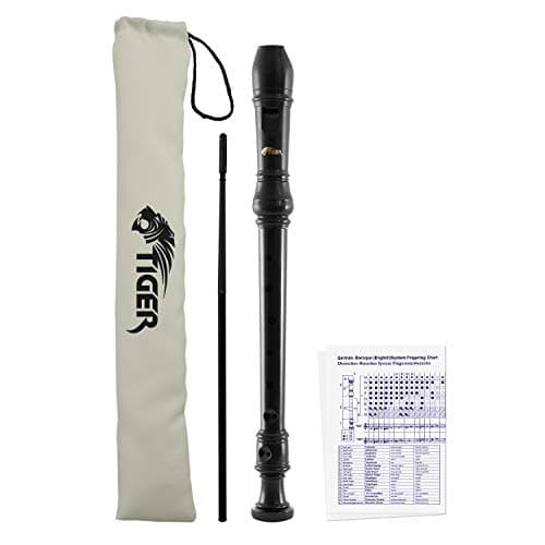 Image of Tiger REC2-BK Descant Recorder – Three Piece School, Beginners Recorder with Bag and Cleaning Rod and Fingering Chart - Black