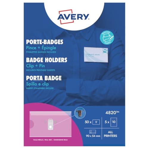Image of Avery 4820 Printable and Customisable Name Badges with Plastic Cases and Pins 90 x 50 mm Badges, Pack of 50 - White Printable Insert
