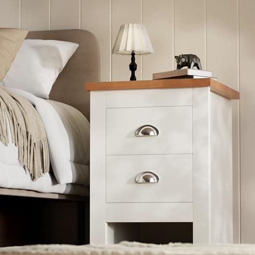 Image of Blisswood Chest of Drawers, Bedroom Storage Cabinets with 2 Drawers, MDF Wood, Stainless Steel Handles, Ideal for Living Room, Hallway, Office Furniture, White/Oak 37D x 45W x 52H CM