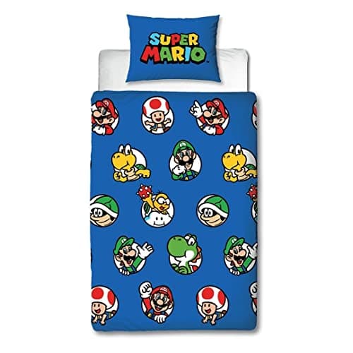 Image of Nintendo Super Mario Official Single Duvet Cover Set, Continue Design | Blue Reversible 2 Sided Bedding Cover Official Merchandise Including Matching Pillow Case