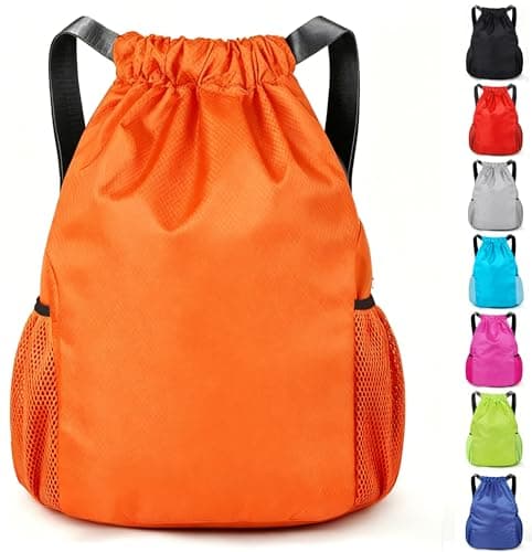 Image of KANGSIT Drawstring Bag, Swim PE Bags Drawstring Gym Bag for Kids Adults, Waterproof Swimming Sports Bag for School Sports Swimming Gym Travel Unisex (Orange)