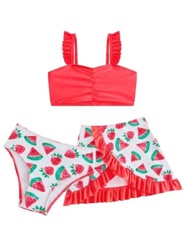 Image of JiAmy Girls Tankini 3 Piece Bikini Set with Skirt Ruffle Adjustable Strap Swimsuit Cute Strawberry Mermaid Watermelon Donut Bathing Suit for Kids 6-7 Years,Red-Watermelon