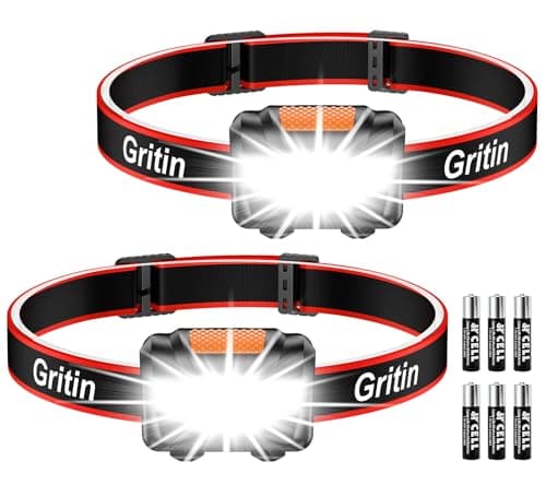 Image of Gritin LED Head Torch, [2 Pack] Super Bright Headlamp Headlight with 3 Modes, Waterproof, Battery Powered LED Lightweight for Camping, Outdoors, Emergency, Running [6 AAA Batteries Included]