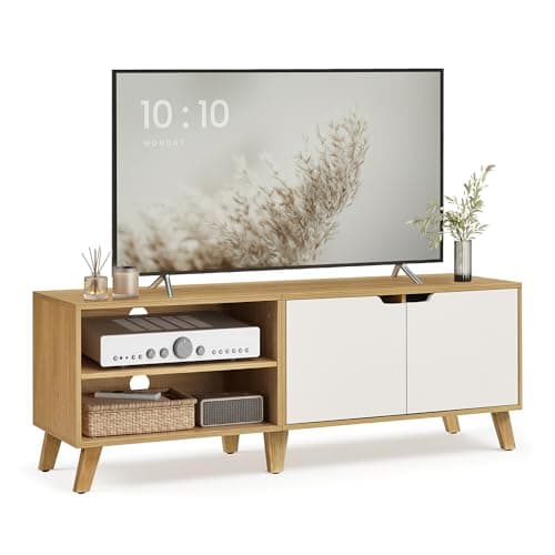 Image of VASAGLE TV Cabinet, 140 cm Long TV Stand with 2 Doors, Adjustable Shelves, for TVs up to 60 Inches, TV Table, for Living Room, Dining Room, Bedroom, Straw Yellow and Cream White LTV027N01