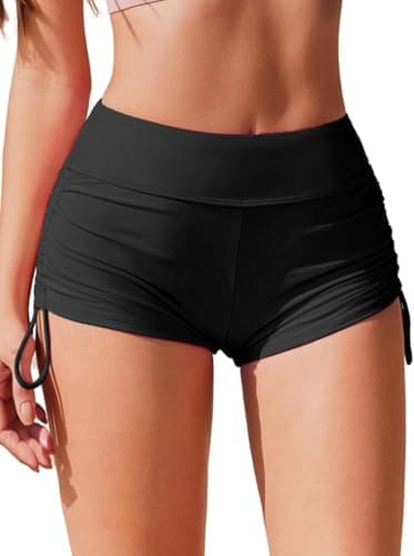 Image of Ekouaer Women Swim Shorts High Waisted Adjustable Ruched Side Tie Bikini Bottoms Swimsuit Board Boy Shorts for Ladies,Black,XL