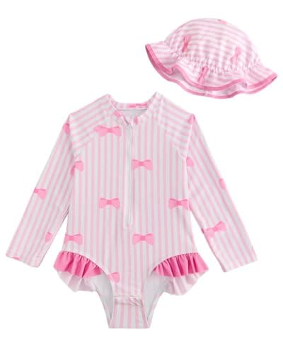 Image of WYTbaby Baby Girl Swimsuit Long Sleeve Toddler Swimming Costume with Hat Floral Ruffle Swimwear Snap Bottom Sun Protection Bathing Suits for Infant Girl 2-3 Years