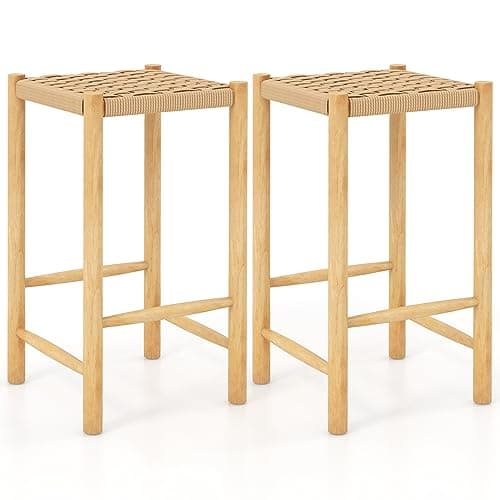 Image of COSTWAY Bar Stool Set of 2, Rubber Wood Dining Stool with Woven Paper Seat and Footrest, Backless Counter Height Kitchen Chair for Indoor Outdoor Dining Room, Backyard (36 x 36 x 65 cm)
