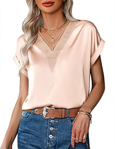 Image of Zeagoo Women's Satin Blouse V Neck T-Shirts Ladies Tops Summer Tunic Blouse Shirts Elegant Short Sleeve Casual T Shirts Beige L