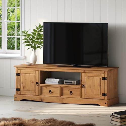 Image of Corona Solid Wood Pine TV Unit Large 2 Drawer 2 Door Widescreen Wooden Media Television Entertainment Stand Living Room Lounge Bedroom Mexcian Style 52cm High 157cm Wide 35cm Deep
