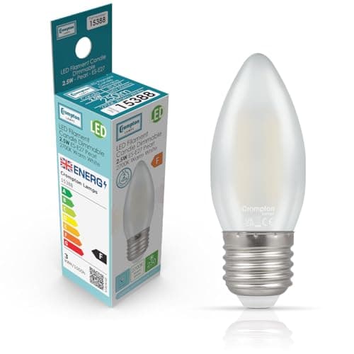 Image of Crompton Lamps Filament Candle LED Light Bulb ES-E27 | 2.5W = 25W Equivalent | Warm White 2700K | Energy Efficient | Edison Screw Lightbulb | Long Life 15000-Hrs | Pearl Glass | Dimmable