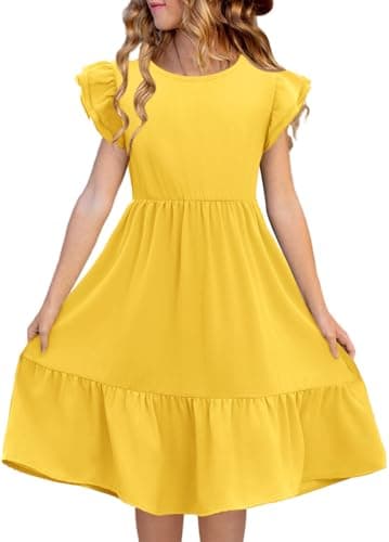 Image of Haloumoning Girls' Dresses Round Neck Plain Summer Dress Ruffle Sleeves A-line Princess Dress Casual Elegant Wedding Birthday Casual Dress Yellow 9-10 yesrs