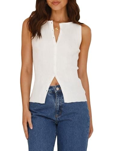 Image of Women's Ribbed Button Down Tank Tops Summer Sleeveless Front Button Up Slim Fit Vest Basic Crop Vest Going Out Tops (C-White, S)