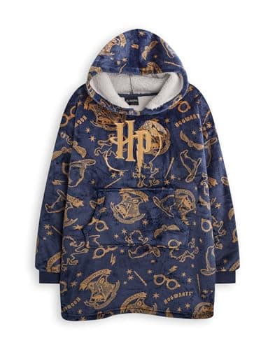 Image of Harry Potter Girls Wearable Blanket Hoodie | Childrens Hooded Sherpa Fleece Pullover in Navy with HP Hogwarts Logo All Over Print | Kids Sherpa Lined Loungewear with Pockets | Wizard Movie Merchandise