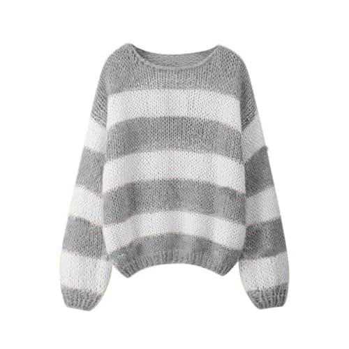 Image of Geagodelia Women's Striped Jumper Oversized Knitted Sweater Ladies Long Sleeve Crew Neck Knitwear Pullover Top Streetwear Autumn Winter UK (Grey & White, S)