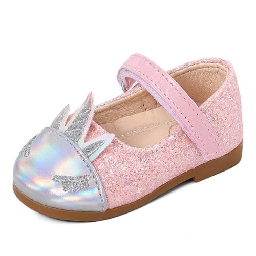 Image of LACOFIA Baby Girls First Walking Shoes Infant Anti-Slip Mary Jane Princess Wedding Dress Shoes Pink Unicorns 5