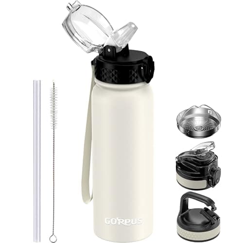 Image of GOPPUS 600ml/20oz Stainless Water Bottle with Straw Double Wall Insulated Bottles with Strap One Hand Open Vacuum Thermal Flask Leakproof Keep Cold Bottles with Flip Top Lid BPA Free (Beige)