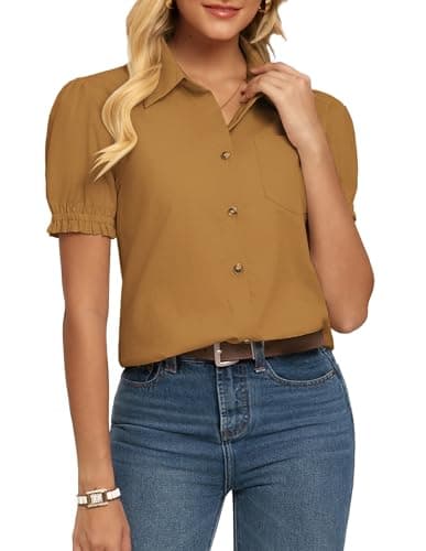 Image of GRACE KARIN Ladies Linen Shirts Short Sleeve Button Down Shirts Tops Casual Business Blouses Regular Fit for Work Office with Pockets Yellow XL