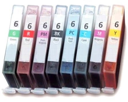 Image of Printing Pleasure 8 (FULL SET) Compatible BCI-6 Ink Cartridges for Bubble Jet i9900 i9950 Pixma iP8500 - Black/Cyan/Magenta/Yellow/Photo Cyan/Photo Magenta/Green/Red, High Capacity