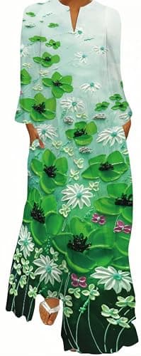 Image of Ocean Plus Spring Summer Dress for Women Long V-Neck Long Sleeve Skirt with Pockets and Wide Floral Print (XXL, Oil Painting of Green Flowers)
