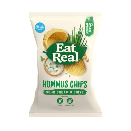 Image of Eat Real Hummus Sour Cream & Chives Chips, Sharing Crisps, Vegan & Gluten Free, 135g, Pack of 10