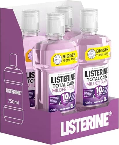 Image of Listerine Total Care Milder Taste (Zero Alcohol) Antibacterial Mouthwash (750ml), Caring and Cleansing Wash with 10-in-1 Benefits, Freshens Breath with Milder Taste,Pack of 4