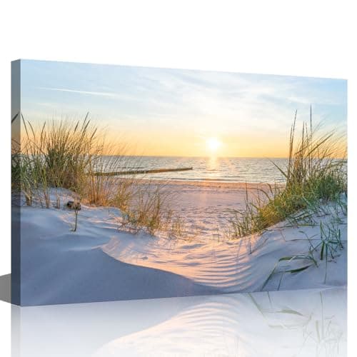 Image of TISHIRON Wall Art Sandy Beach Sunrise Pictures Painting on Canvas Wall Art Modern Framed Seaside Canvas Prints Ready To Hang(24X16in)