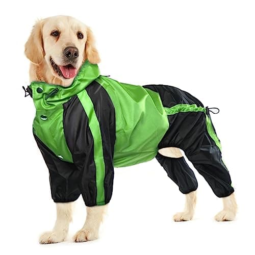 Image of OUOBOB Dog Raincoat, Waterproof Rain Coats for Large Dogs, Lightweight Rain Jacket, Adjustable 4 Legs Pet Poncho with Hood, Snow-Proof Dog Vest Rainwear Clothes Apparel with Leash Hole